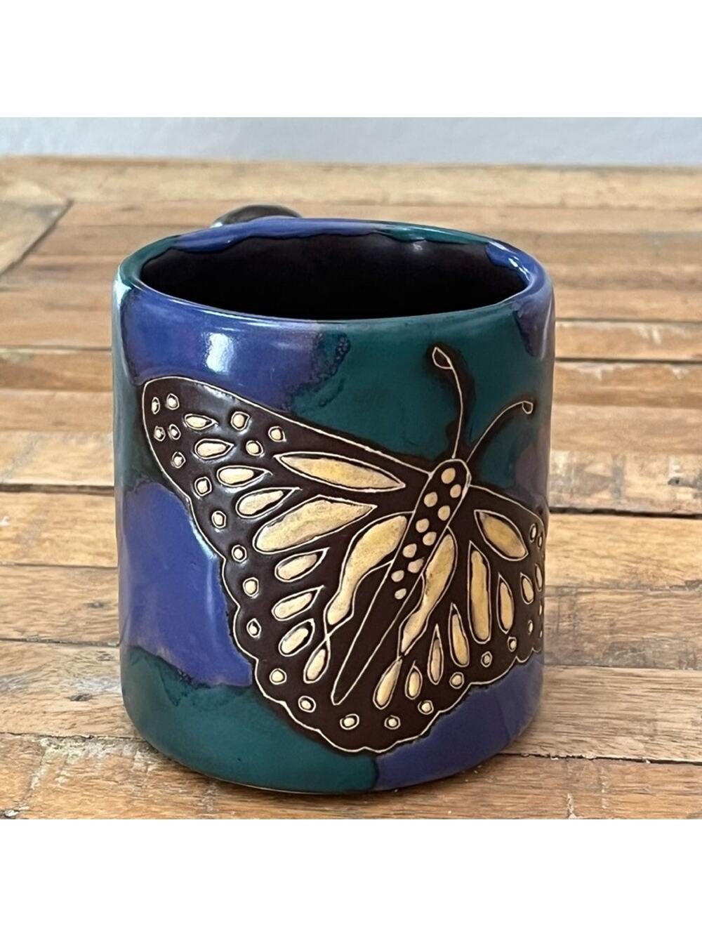 Vintage Mara Stoneware Mug 4.5 in Purple Green w/ Engraved Butterfly Design
